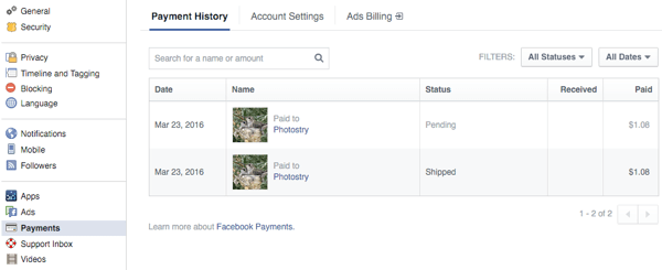 kunder ser bestillinger i betalingsdelen av facebook-innstillingene