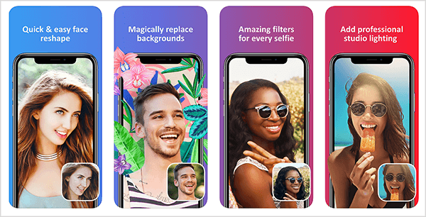 Facetune 2 er en enkel måte å ta opp selfies på. Forhåndsvisning av iTunes App Store viser hvordan appen justerer et ansikt, erstatter en bakgrunn, filtrerer farge og løser belysningsproblemer.