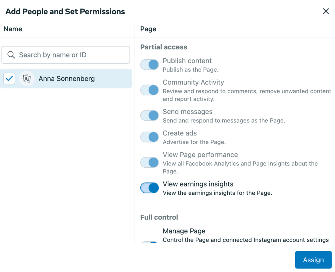 bilde av App People and Set Permissions-skjermen i Meta Business Suite
