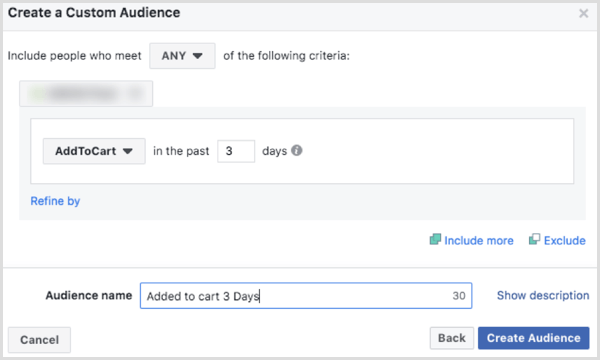 Velg alternativer for å opprette et Facebook-tilpasset publikum basert på AddToCart-hendelsen