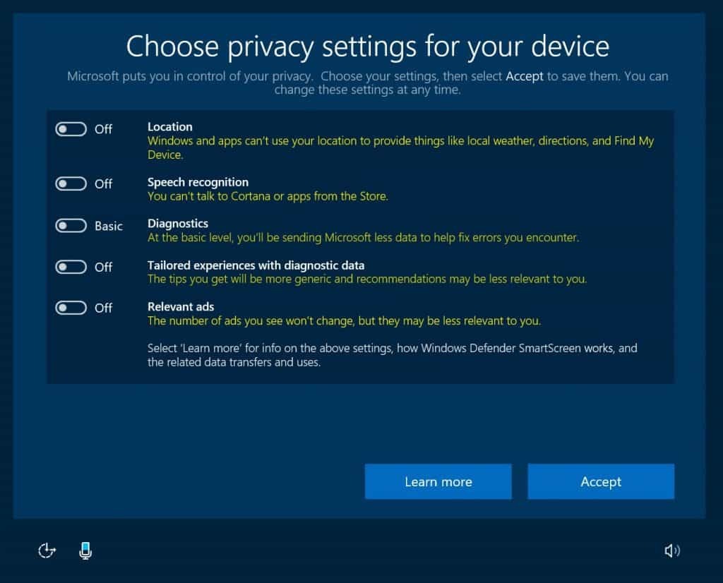 Windows 10, personvern, skaperoppdatering, OOBE