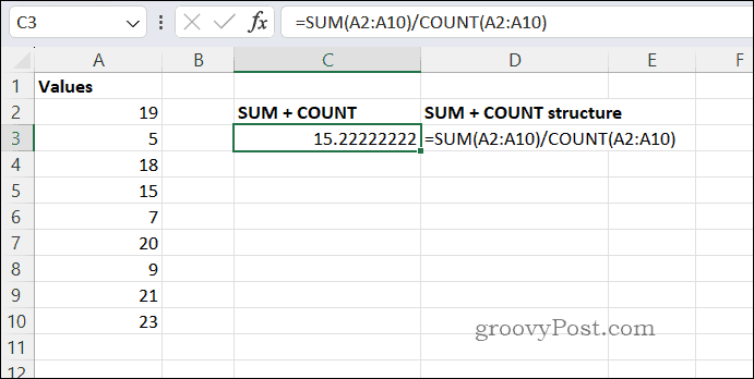 SUMCOUNT gjennomsnittsresultat i Excel