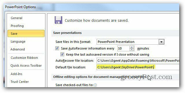 Lagre Microsoft Office-dokumenter på SkyDrive som standard