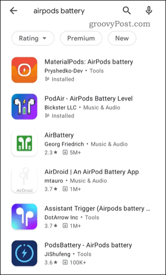 En liste over tredjeparts AirPods-statusapper i Google Play-butikken