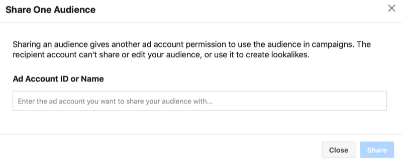 facebook ads manager dele en tilpasset målgruppe> dele en målgruppen meny med muligheten til å legge til en annonsekonto-ID eller navn