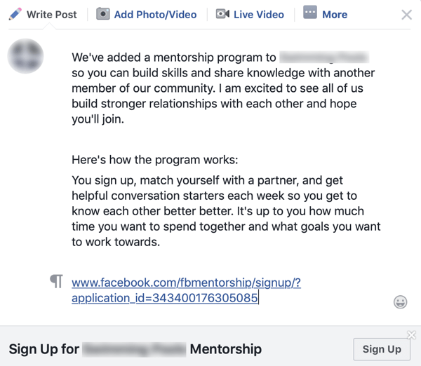 Hvordan du kan forbedre ditt Facebook-gruppesamfunn, eksempel på en gruppemelding for et Facebook-mentorprogram