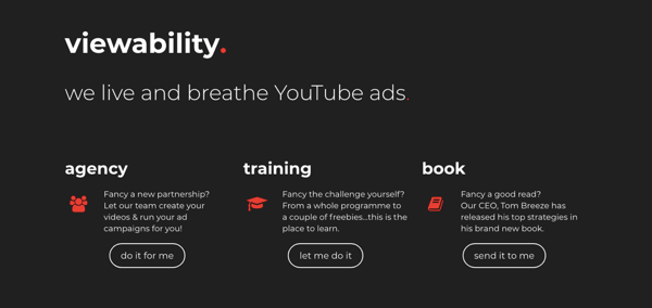 Skjermbilde av nettstedet for Viewability, et YouTube-annonsebyrå.