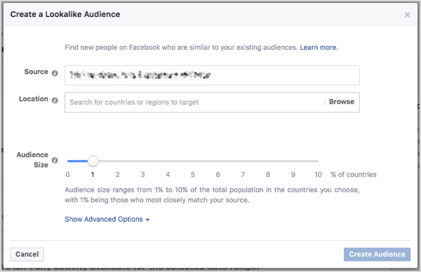 Angi størrelsen på Facebook som publikum. Du kan kontrollere størrelsen med en glidebryter som vises når du oppretter publikum.