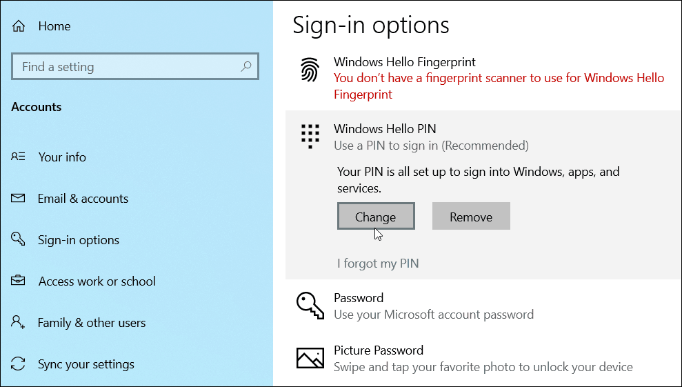 endre legg til PIN-kode Windows 10
