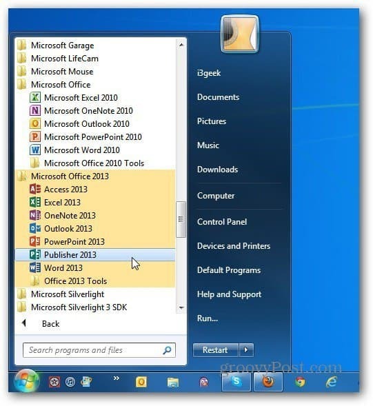 begge versjoner Office Start Windows 7