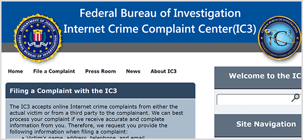 Hvis noen utgir seg for å være virksomheten din, kan du rapportere den falske aktiviteten til FBI Internet Crime Complaint Center.