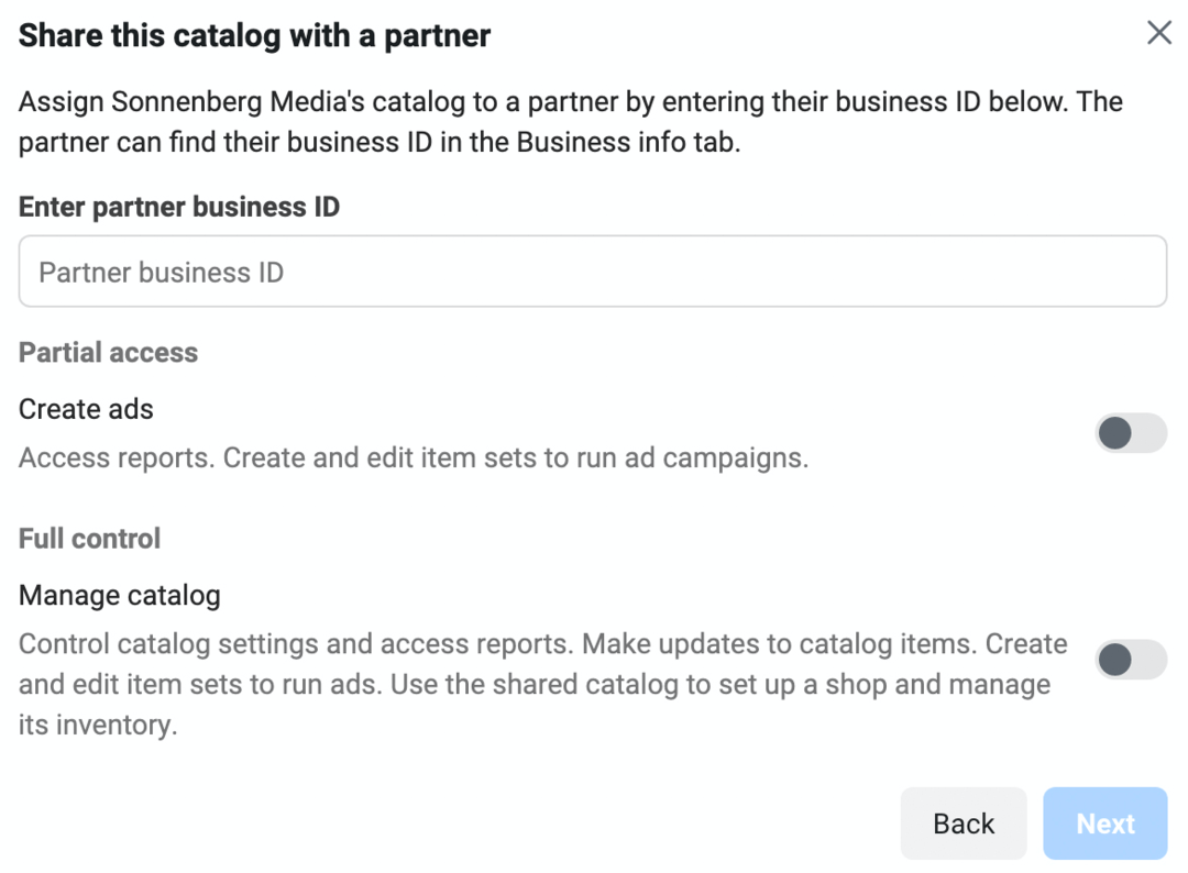 bilde av Del denne katalogen med en partner-skjerm i Meta Business Manager