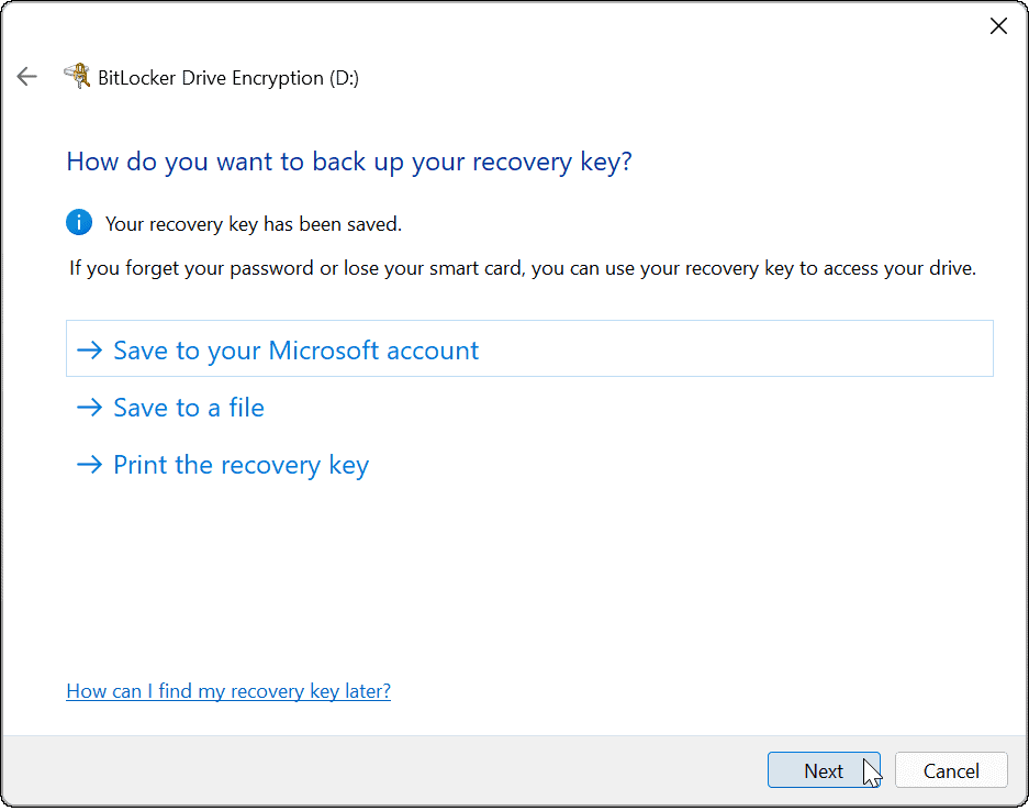 bruk bitlocker for å gå på Windows 11 gjenopprettingsnøkkel