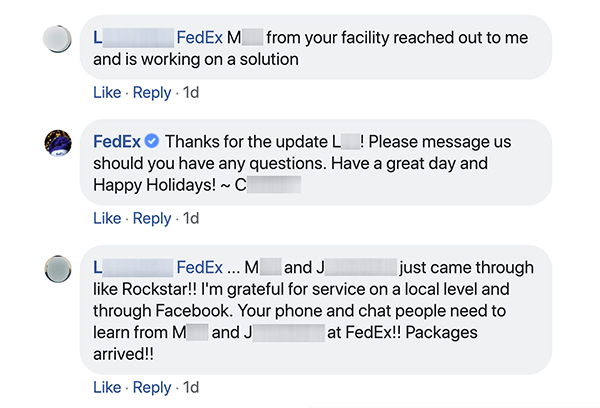 Dette er et skjermbilde av en Facebook-samtale mellom FedEx og en kunde. Kunden forteller kundeservice at noen har kontaktet dem og hjelper dem med et problem. Kundeservicerepresentanten takker kunden og oppfordrer dem til å være i kontakt hvis de har spørsmål. Kunden svarer deretter med et svar om at de lokale og Facebook-kundeservicefolkene er rockestjerner. Shep Hyken bemerker at god sosial kundeservice kan gjøre folk til merkevareforkjemper.