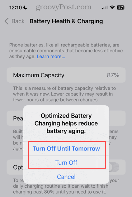 Slå av alternativer for optimalisert batterilading på iPhone