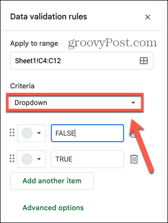 rullegardinmenyen google sheets kriterier