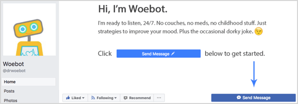 Send melding-knappen på Facebook-siden til Woebot.