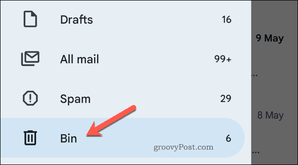 Åpne papirkurven i Gmail på mobil