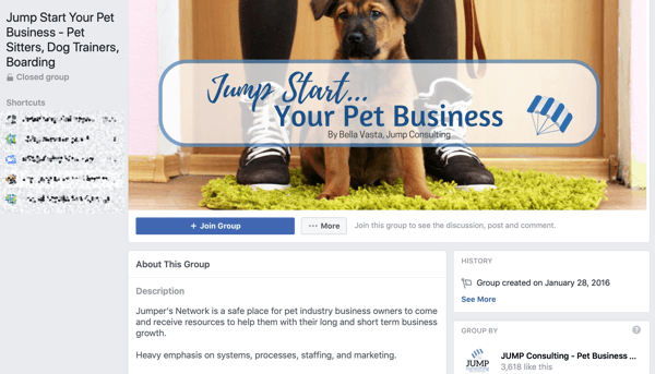 Hvordan bruke Facebook Groups-funksjoner, eksempel på en gruppe for Jump Start Your Pet Business