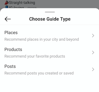 eksempel instagram lage guide velg guide type meny som tilbyr alternativer for steder, produkter og postsexample instagram lage guide velg guide type meny som tilbyr alternativer for steder, produkter og innlegg