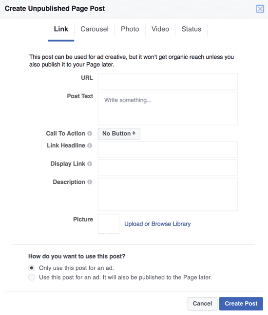 For å lage mørke innlegg på Facebook som annonser, kan du bruke Power Editor og velge Bare bruk dette innlegget for en annonse.