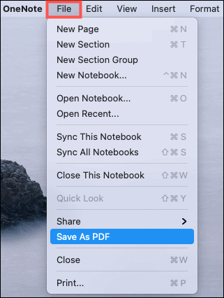 Lagre som PDF OneNote Mac