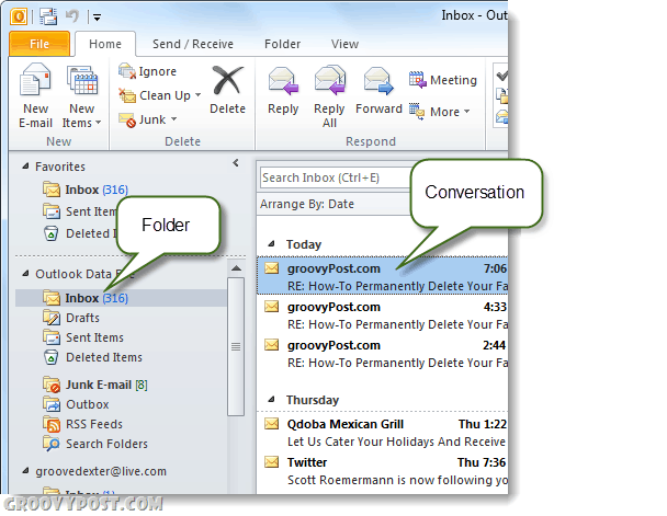 outlook 2010 samtaler og mapper