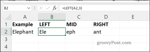 Eksempel MIDTT HØYRE og VENSTRE formler i Excel