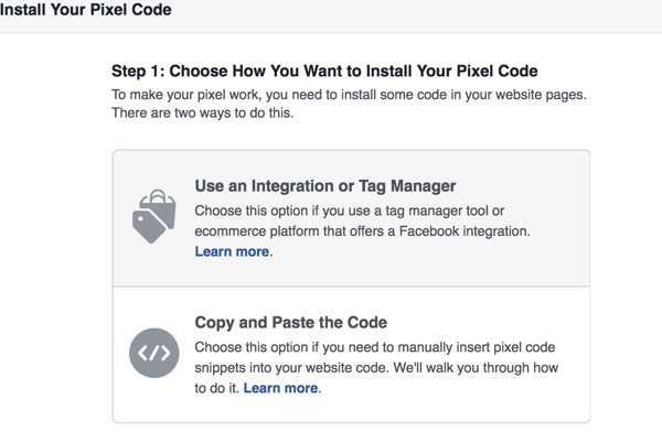 Velg hvilken metode du vil bruke for å installere Facebook-pikselet.