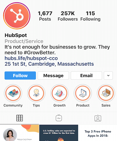Instagram fremhever album på HubSpot-profilen