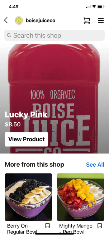 eksempel på instagramprodukt shopping fra @boisejuiceco viser lucky pink for $ 8,50 og under mer fra dette butikken ser ut som en vanlig skål med bær og en mektig mango-vanlig bolle sammen med muligheten til å søke i butikken