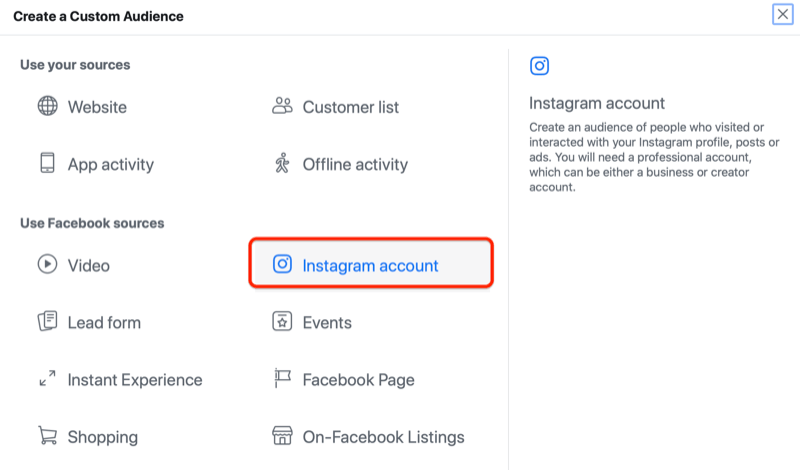 facebook ads manager oppretter en tilpasset målgruppen meny med alternativet instagram konto uthevet