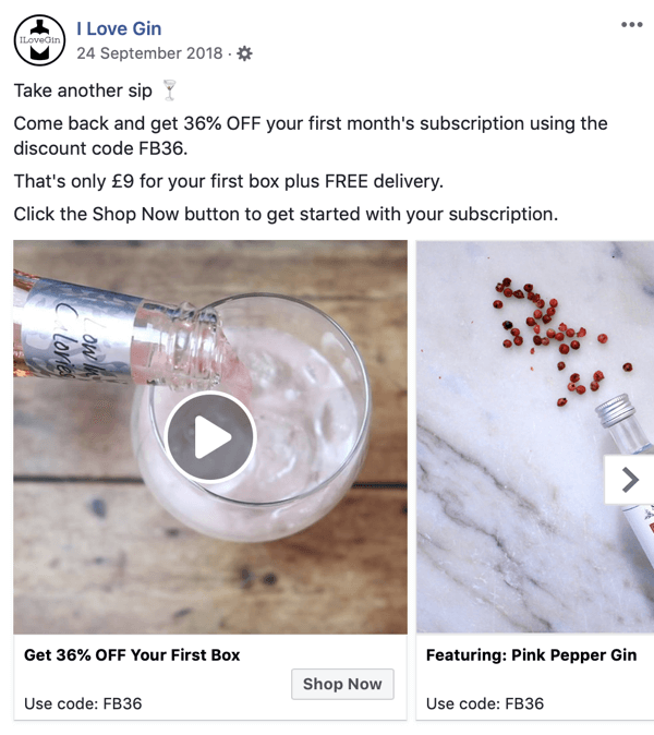 Hvordan lage Facebook-reklameannonser, trinn 8, eksempel på reklamekreativ av I Love Gin