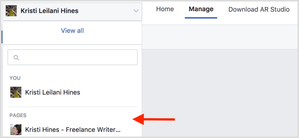 For å lage en Facebook-ramme for arrangementet ditt, gå til Manage Effects og velg Facebook-siden din.