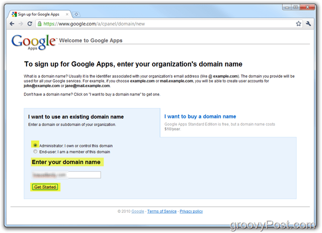 Registrering av Google Apps Standardversjon oppgir domene