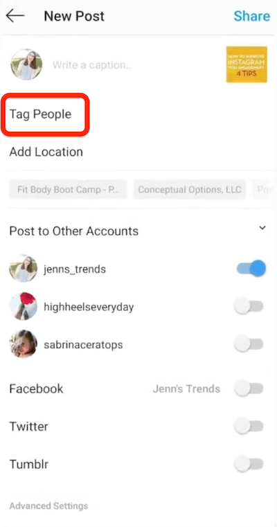 instagram nytt innlegg for å merke folk