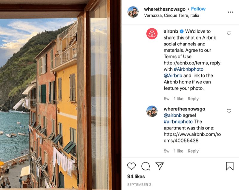 instagram skriftlig repost tillatelse eksempel mellom @wherethesnowsgo og @airbnb med airbnb som ber om å dele bilde og info om hvordan du kan gi godkjenning, og svaret fra @wherethesnowsgo som autoriserer videredeling av bilde