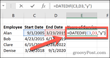 Excel komplett datedif-funksjon