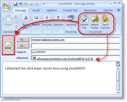 YouSendIt-knapper på Outlook 2007-båndet