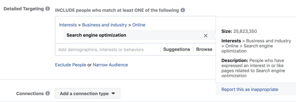 Eksempel på standard Facebook-målretting for interessen Søkemotoroptimalisering, noe som resulterer i et publikum som er for stort, 25 millioner.