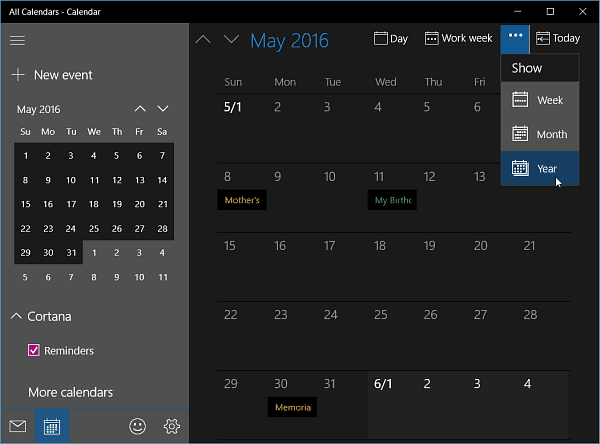 Kalender-app for Windows 10 Insider Build 11099 Blir årsvisning