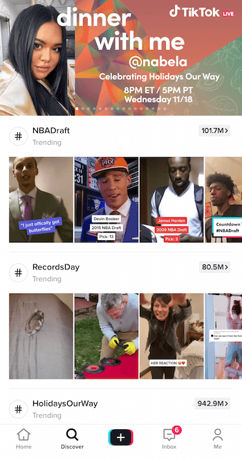 skjermbilde av tiktok-appen, oppdag fanen som viser live og trendende innhold i et karusellformat øverst på skjermen, med populære hashtags og videoer for hver, vises i en feed nedenfor