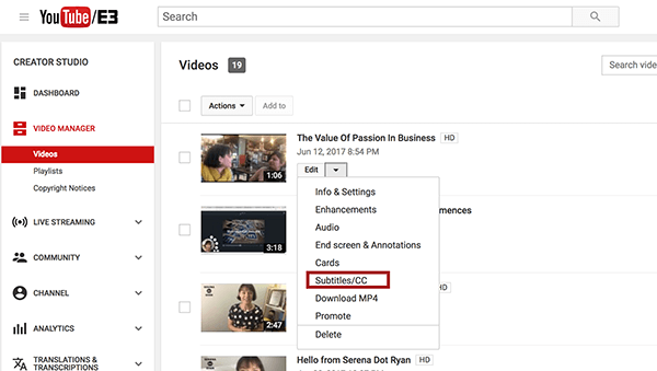 Når du er inne i YouTube Video Manager, velger du Undertekster / CC-alternativet fra rullegardinmenyen Rediger ved siden av videoen du vil bildetekse.