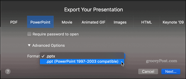 Eksportere en Keynote-presentasjon som en PPT-fil