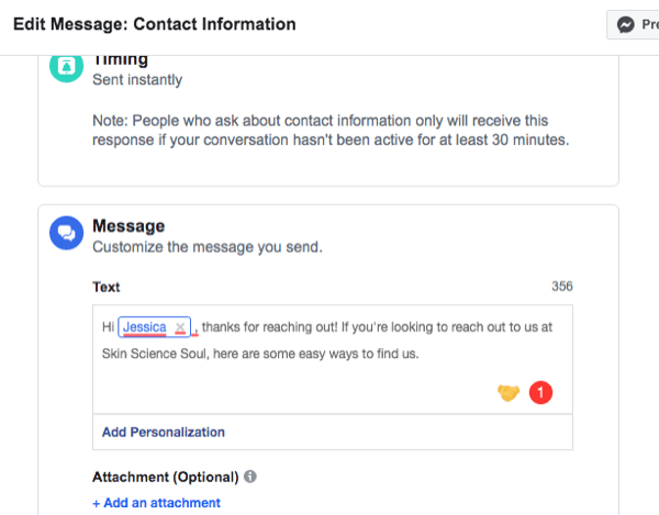 skjermbilde av oppsettgrensesnitt for Facebook Messenger Contact Information automatisert svar