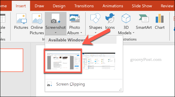 Velge et skjermdumpvindu i PowerPoint