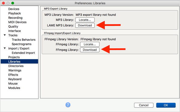 Installer den valgfrie LAME MP3-koderen og FFmpeg-biblioteket med Audacity.