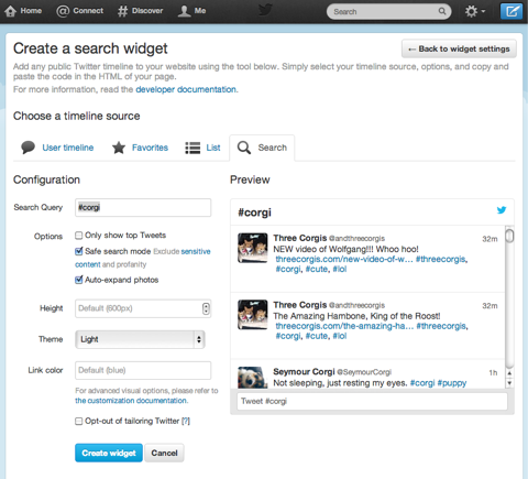 opprette en twitter søk widget