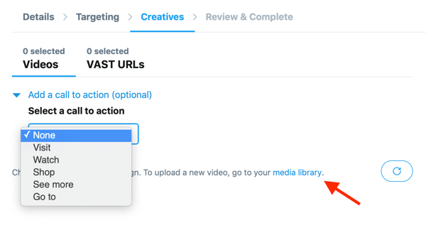 Alternativer for å angi en handlingsfremmende handling for din Twitter-vert video for din In-Stream Video Views (Pre-Roll) Twitter-annonse.