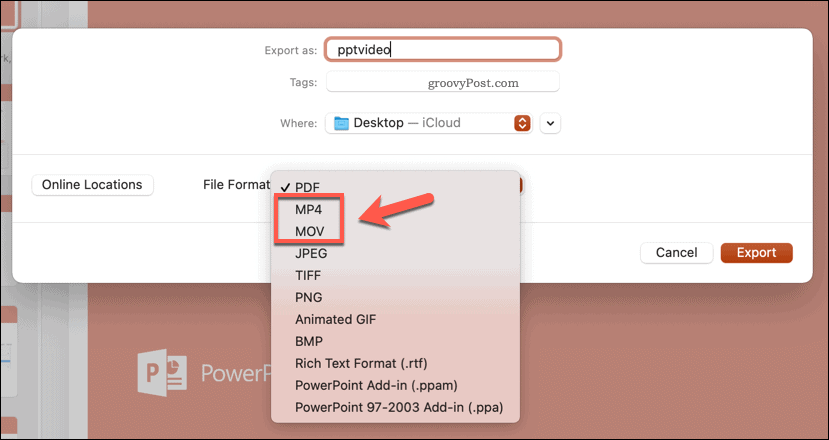 Velge eksportfilformat i PowerPoint på Mac